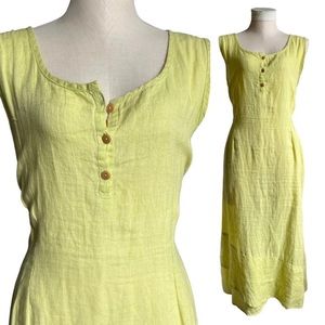Flax Linen Lime Green Chartreuse Sleeveless Three Button Maxi Dress Size Large